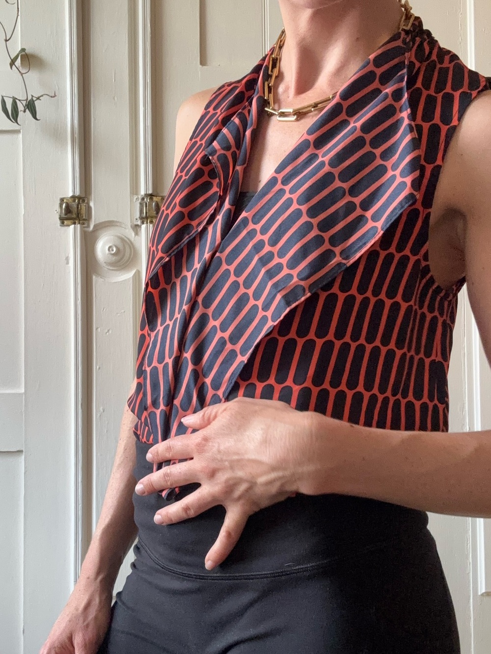 Michael Kors Sleeveless Draped Neck Blouse in Rust and Black